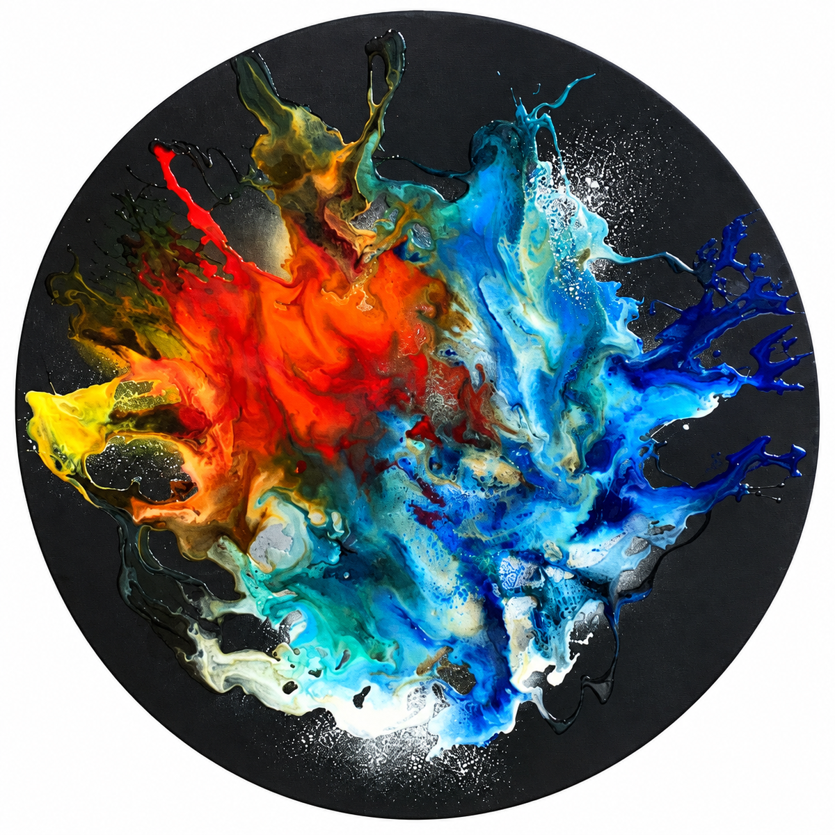 Ewaldi artwork: A dark circular ground carries vivid red-orange and blue splashes.