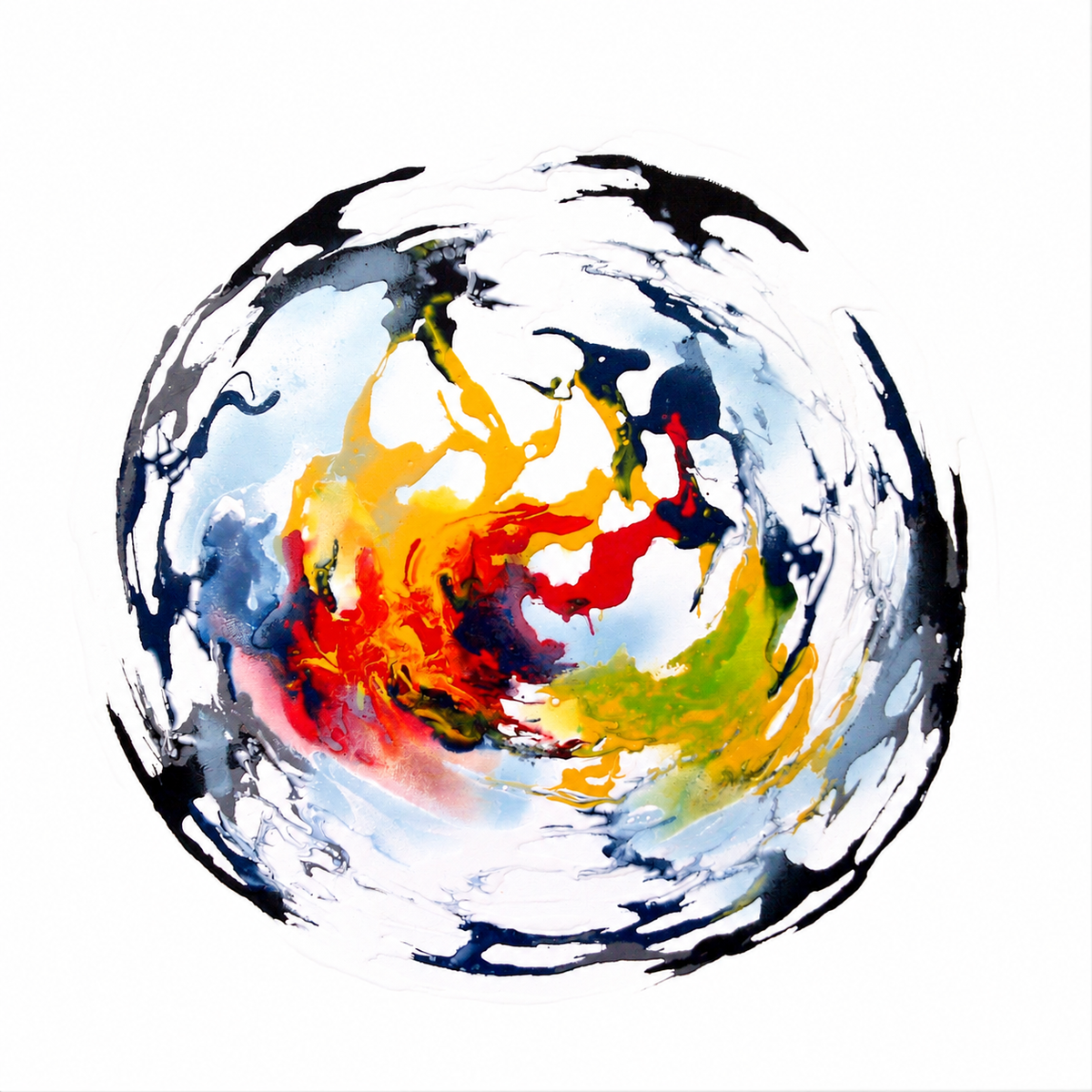 Ewaldi artwork: A concentrated red-orange and blue fluid burst forms the centre of a broken black-and-white circular brush.