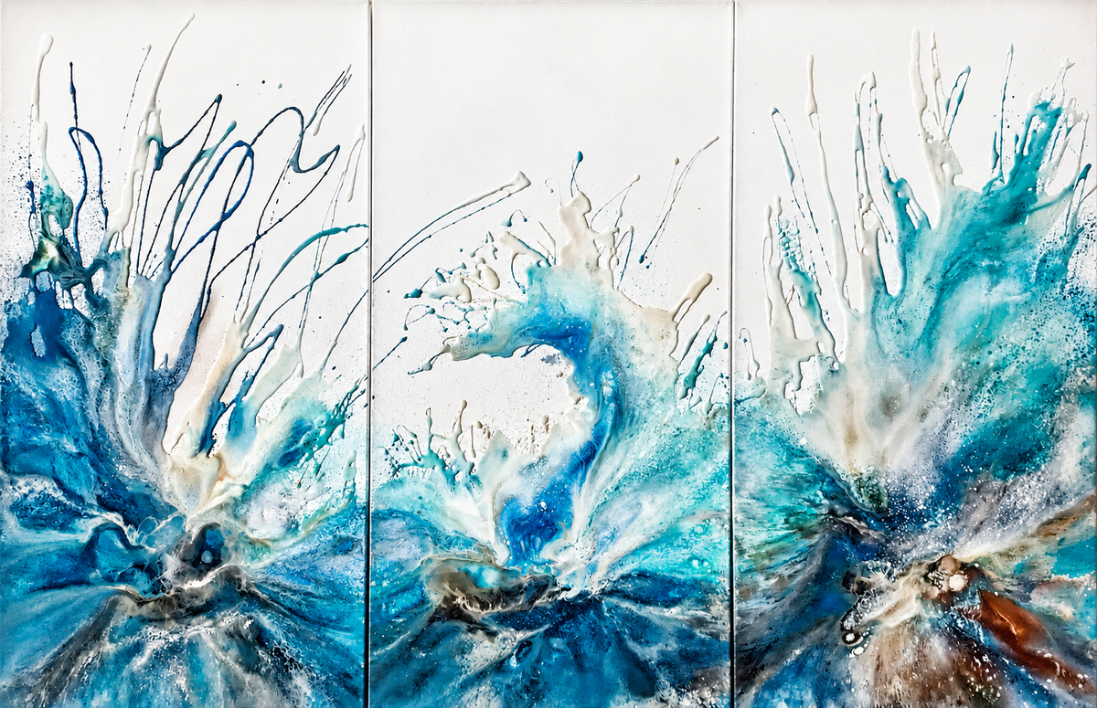 Ewaldi artwork: Three adjoining vertical panels carry a continuous rush of blue-turquoise fluid splashes.