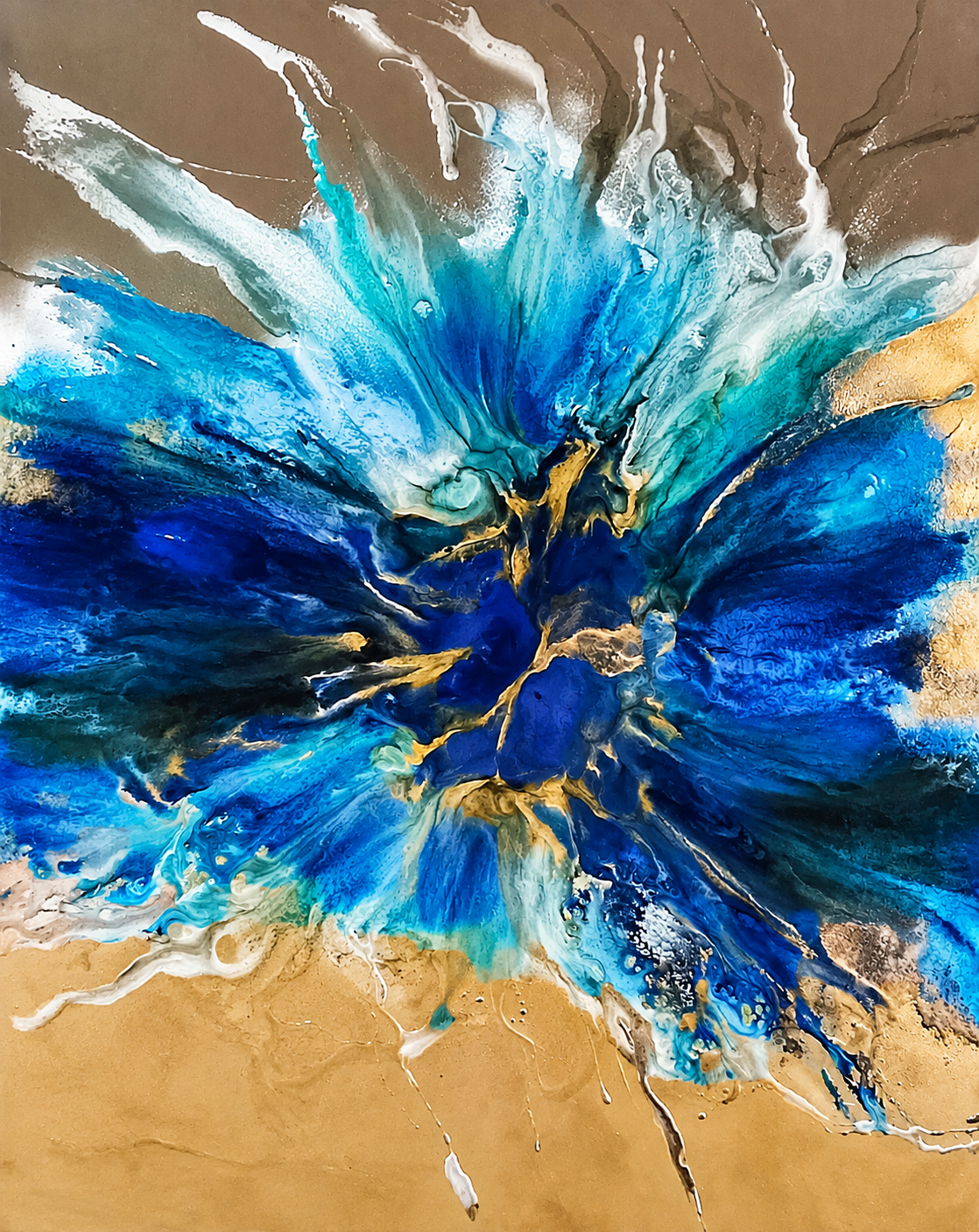 Ewaldi artwork: A central burst of vivid blue and cyan paint-like forms spreads outward over a warm ochre-tan background.