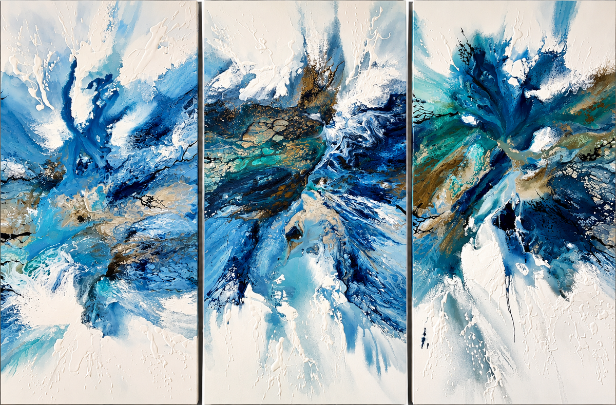 Ewaldi artwork: A three-panel composition of rising blue and charcoal fluid splashes.