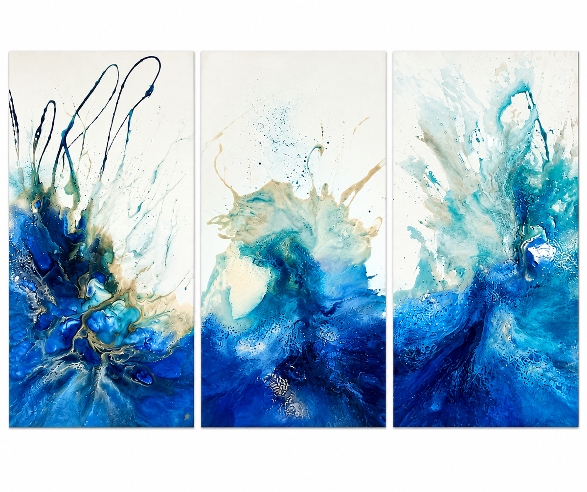 Ewaldi artwork: Three connected upright panels form a broad blue fluid triptych.
