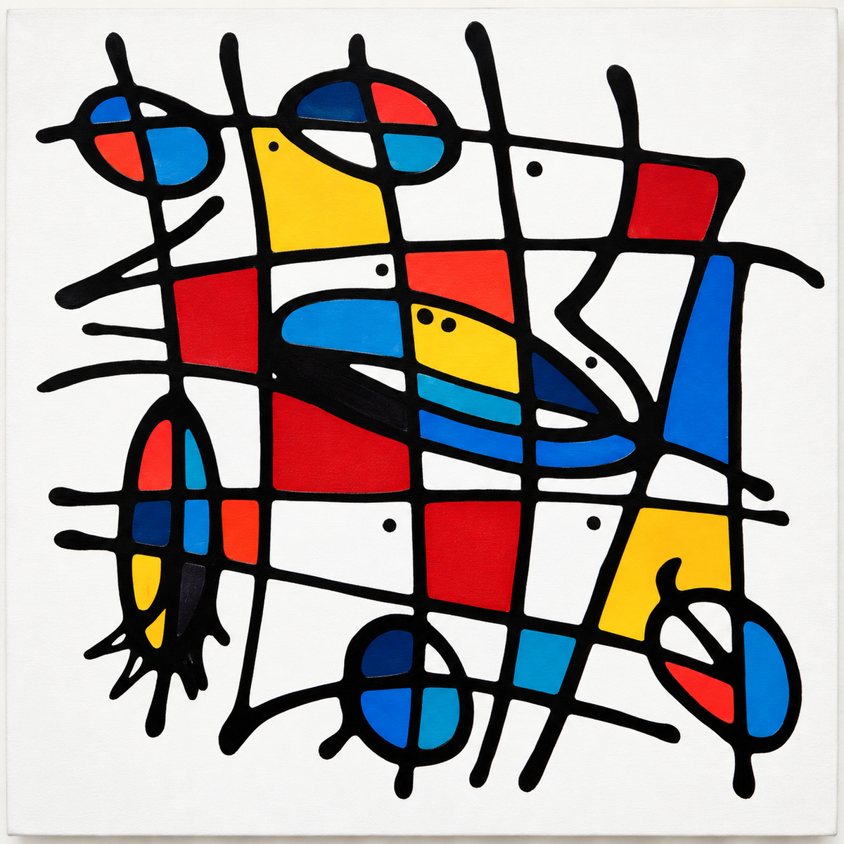 Ewaldi artwork: A square arrangement of narrow black strips and red-blue-yellow blocks includes three circular motifs.