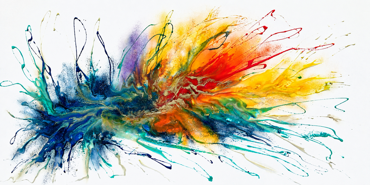 Ewaldi artwork: A long ribbon-like multicolour fluid burst sweeps from cool teal-blue on the left to warm yellow-orange-red.