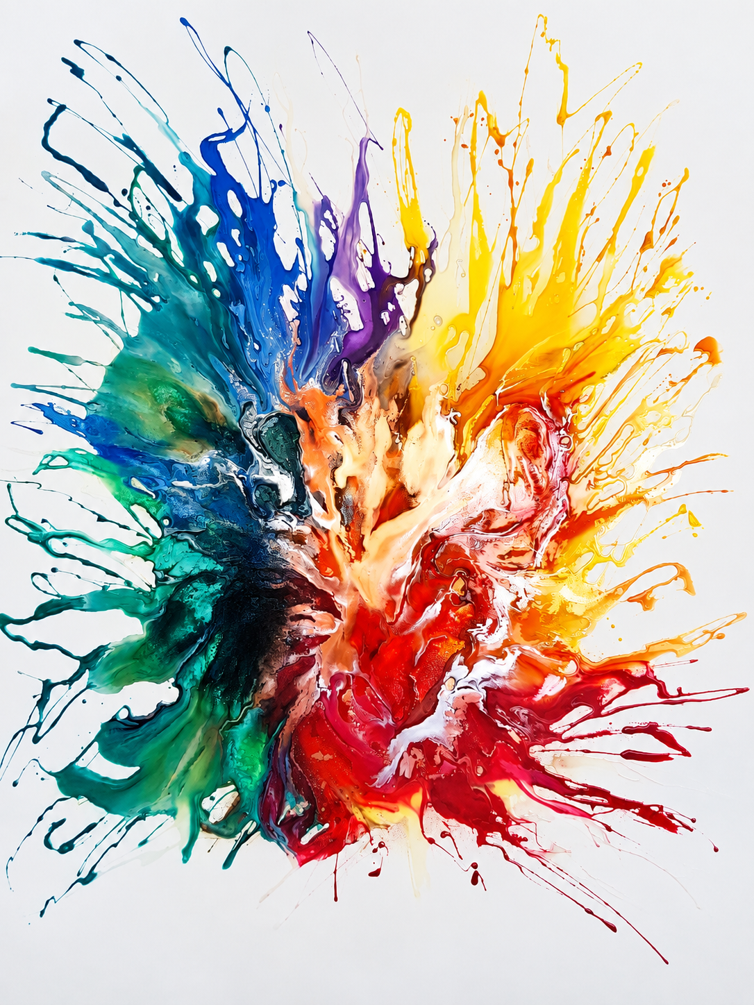 Ewaldi artwork: A second rainbow spray rises from a dark blue-green centre and fans into red.