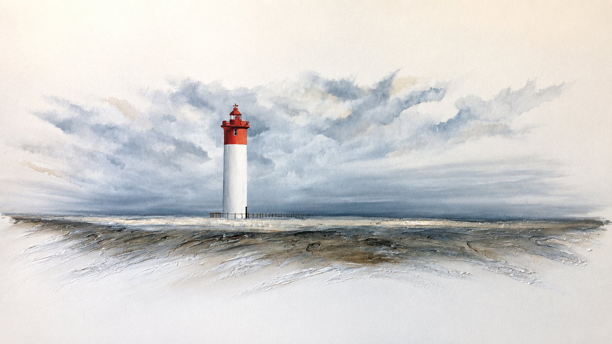 Ewaldi artwork: A slender white lighthouse with a red lantern top stands on an almost empty pale shoreline under light.