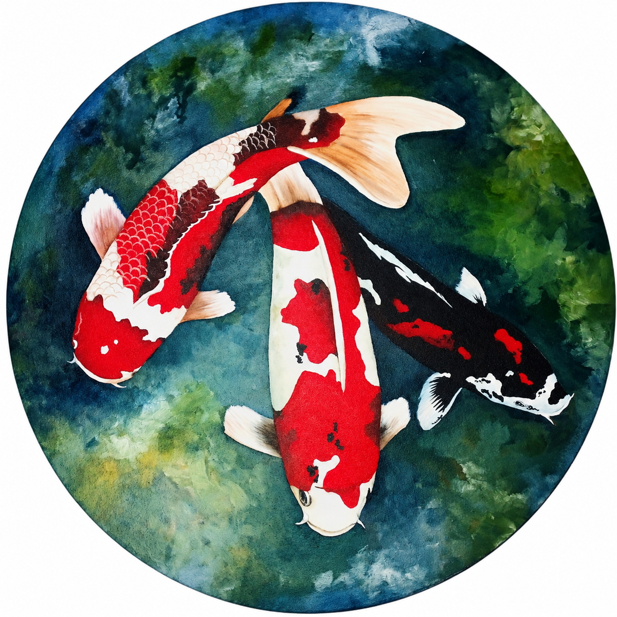 Ewaldi artwork: Three patterned koi—red-and-white and black-and-white—swim within a circular dark green-blue pond.