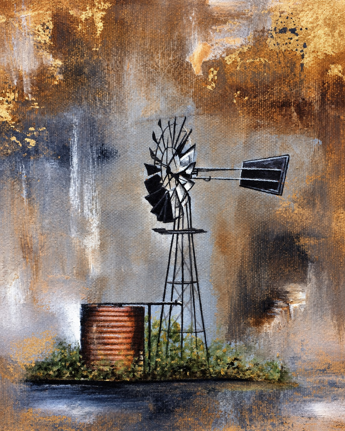 Ewaldi artwork: A tall old metal windpump stands beside a low rust-red corrugated water tank against mottled brown and grey.