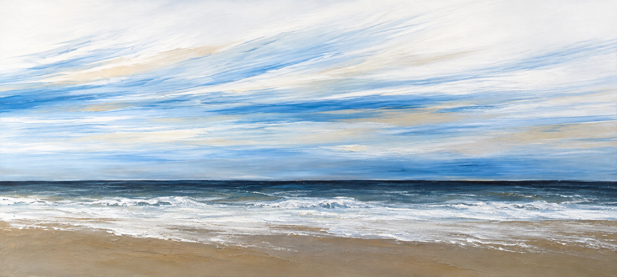 Ewaldi artwork: Gentle diagonal streaks of pale blue and warm grey move across a broad sky above a thin dark sea horizon.