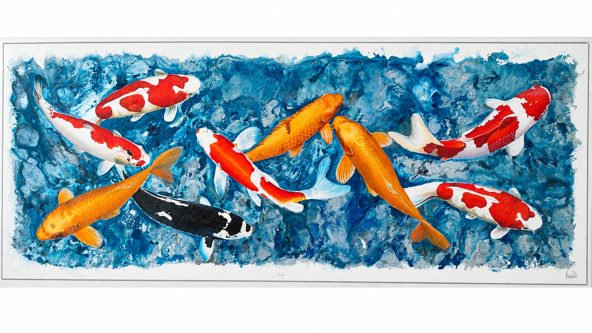 Ewaldi artwork: Nine koi—five red-and-white, three orange and one black-and-white—swim across a long textured blue-water.