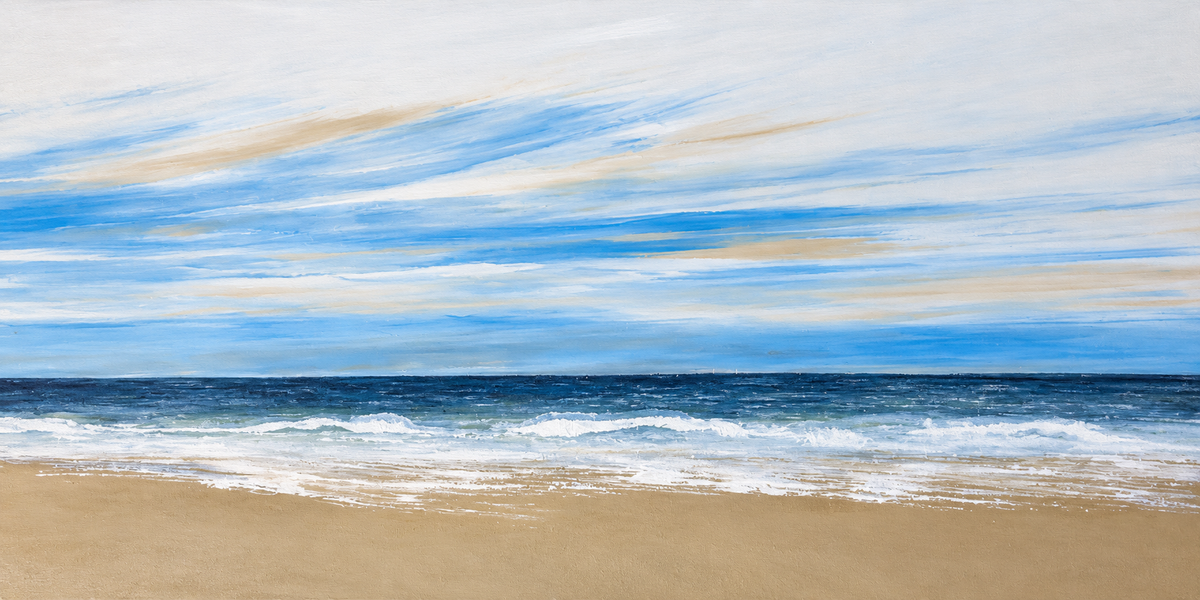 Ewaldi artwork: Long fine blue-and-ochre cloud streaks skim the sky above calm blue surf and an open sandy beach.