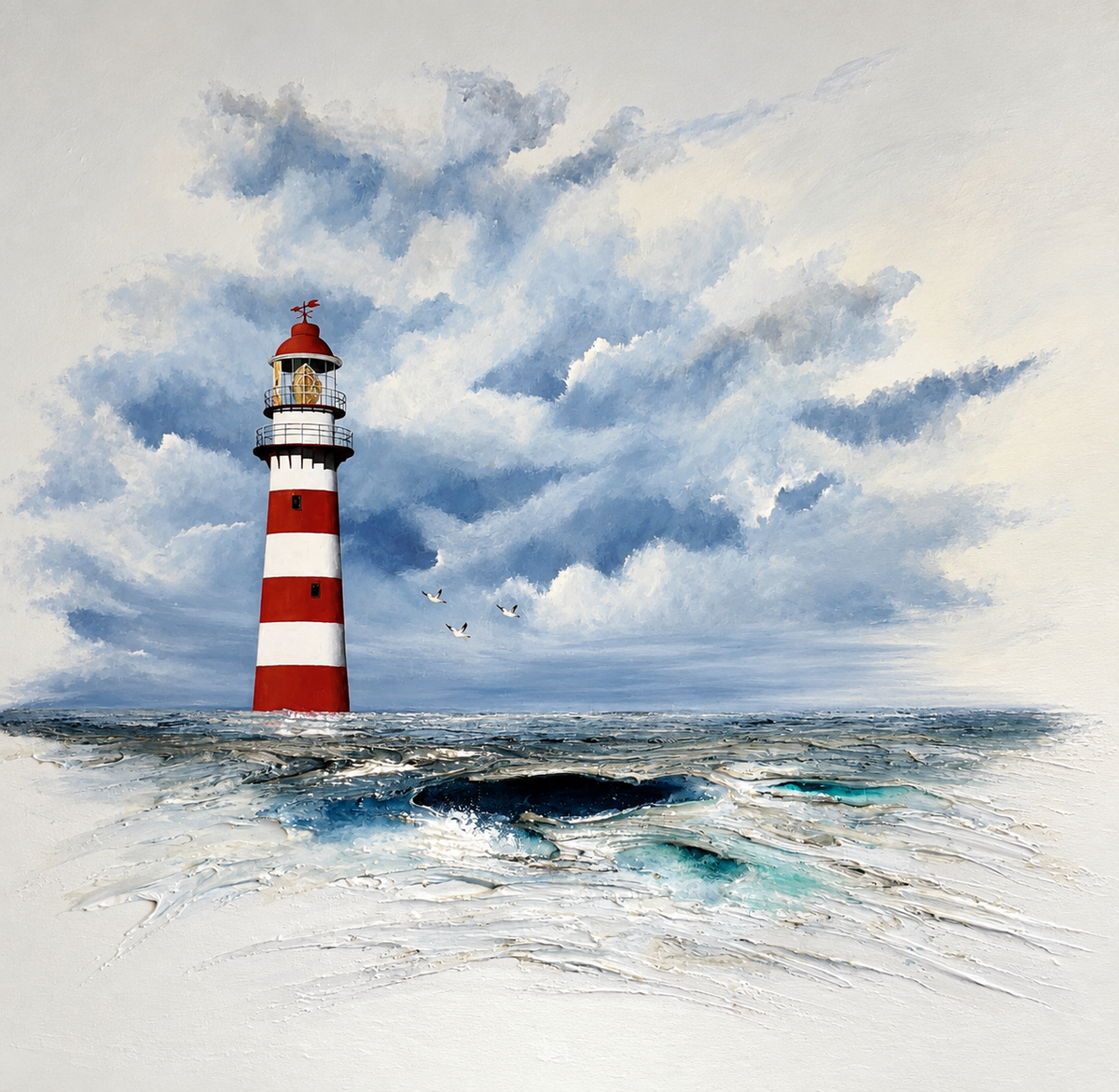 Ewaldi artwork: A red-and-white striped lighthouse stands above choppy turquoise water beneath sweeping blue-grey clouds.
