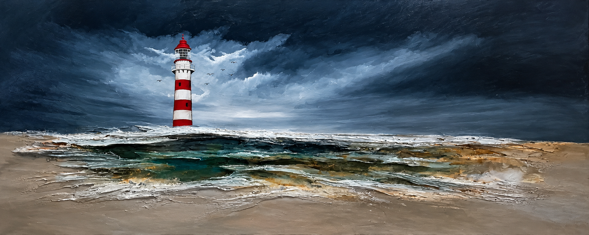 Ewaldi artwork: A solitary red-and-white striped lighthouse rises from a low coastal strip amid choppy green-grey water.