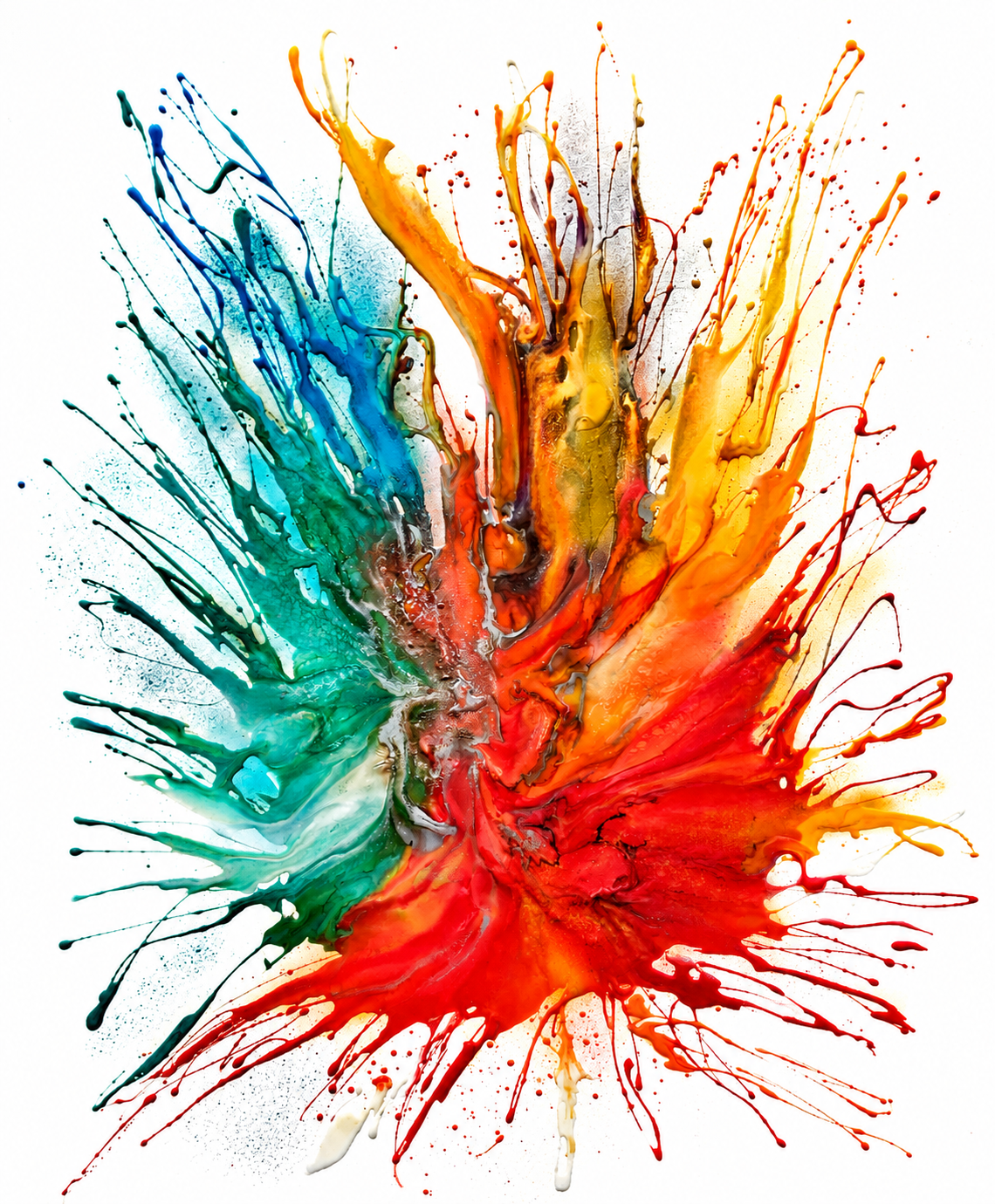 Ewaldi artwork: A vibrant splash of red, orange and yellow bursts upward and rightward from a red centre.