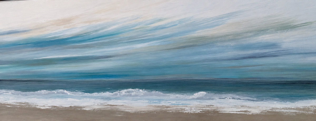 Ewaldi artwork: A long tranquil seascape shows a slim line of white shore break beneath layered muted teal water.
