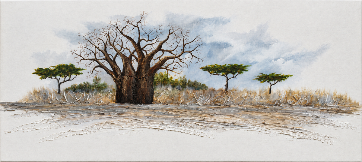 Ewaldi artwork: A wide, thick-trunked baobab stands between sparse acacias on a dry sandy plain.