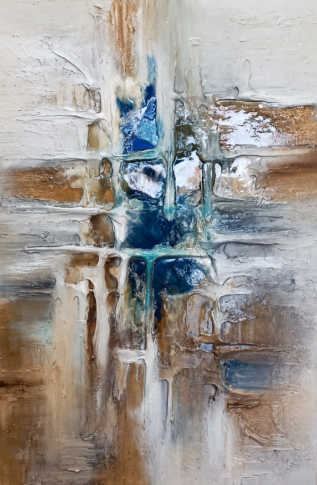 Ewaldi artwork: A narrow upright abstraction of textured horizontal and vertical scraped bands.