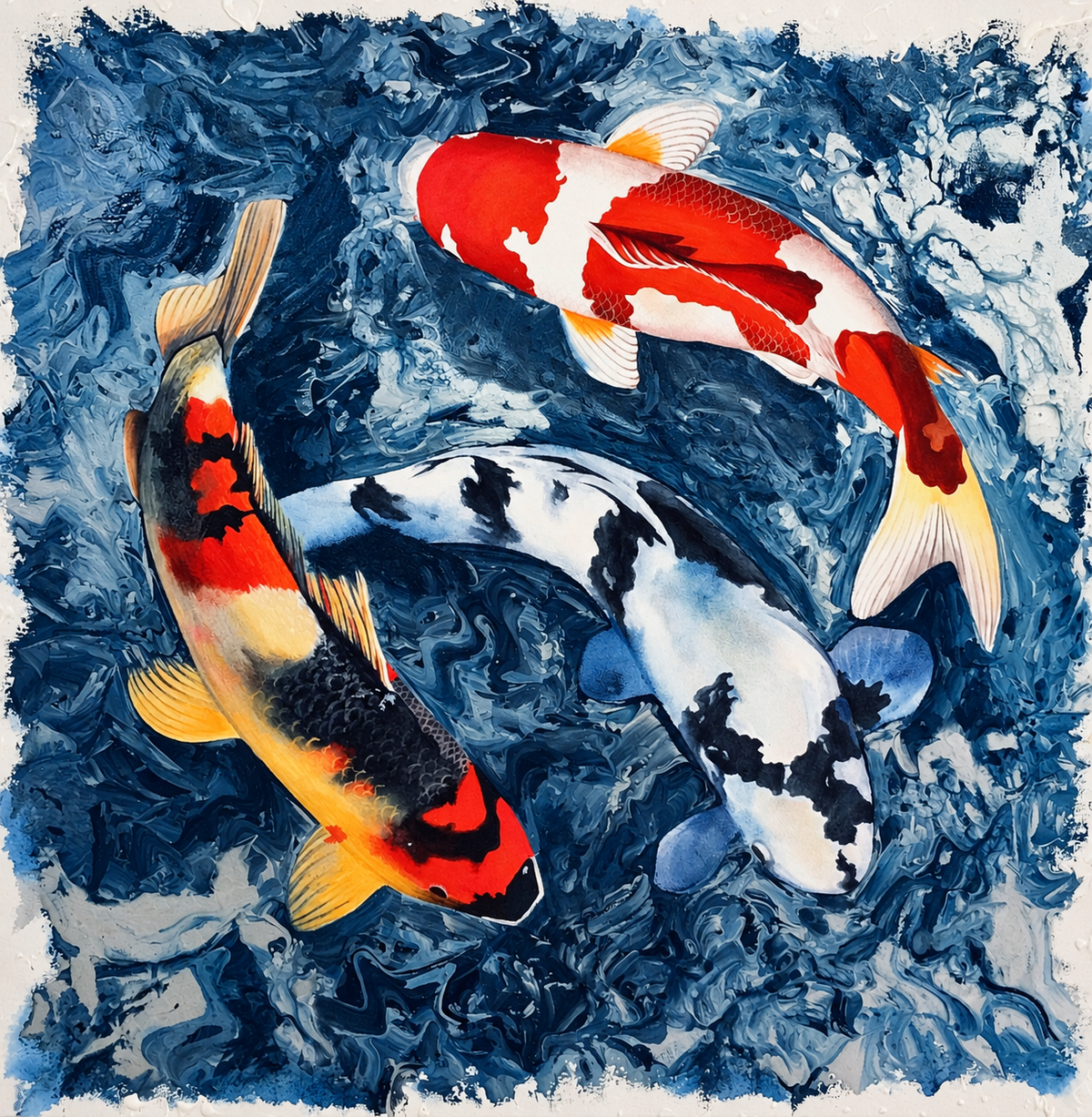 Ewaldi artwork: Three koi—red-and-white above, orange-and-black to the left and black-and-white to the right—circle.