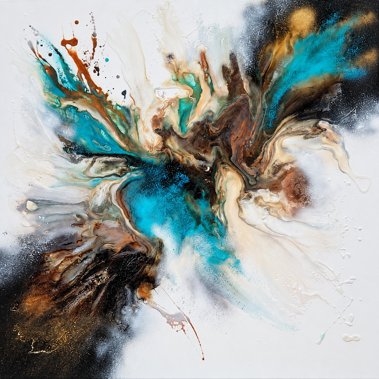 Ewaldi original mixed medium artwork featuring an expressive abstract composition in turquoise, bronze, charcoal and cream on a white background