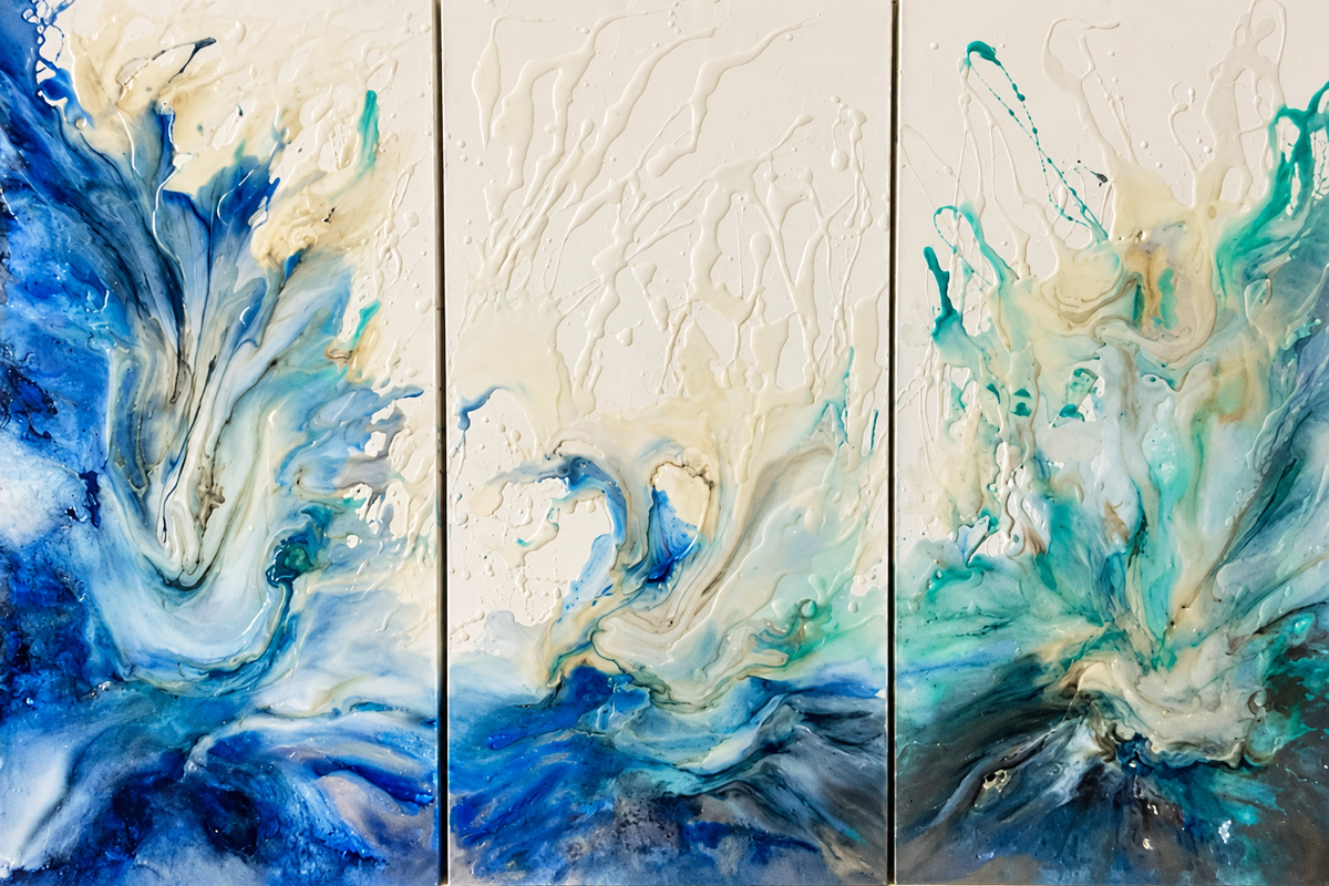Ewaldi artwork: Three separate upright panels show blue and turquoise fluid blooms on pale cream grounds.