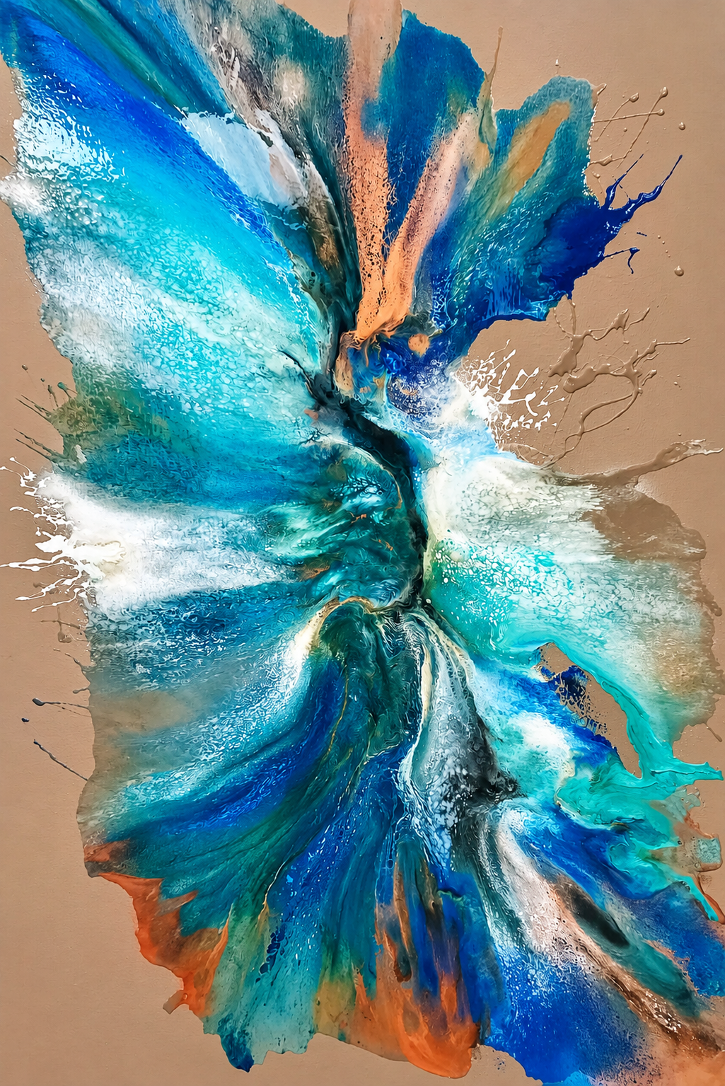 Ewaldi artwork: A vertically oriented turquoise and blue fluid bloom opening across a warm tan ground with cream.