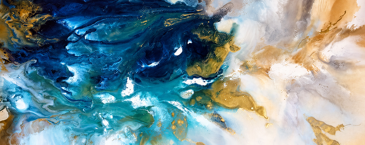 Ewaldi artwork: A vast horizontal blue-green current flows into translucent white and beige-gold marbling toward the right.
