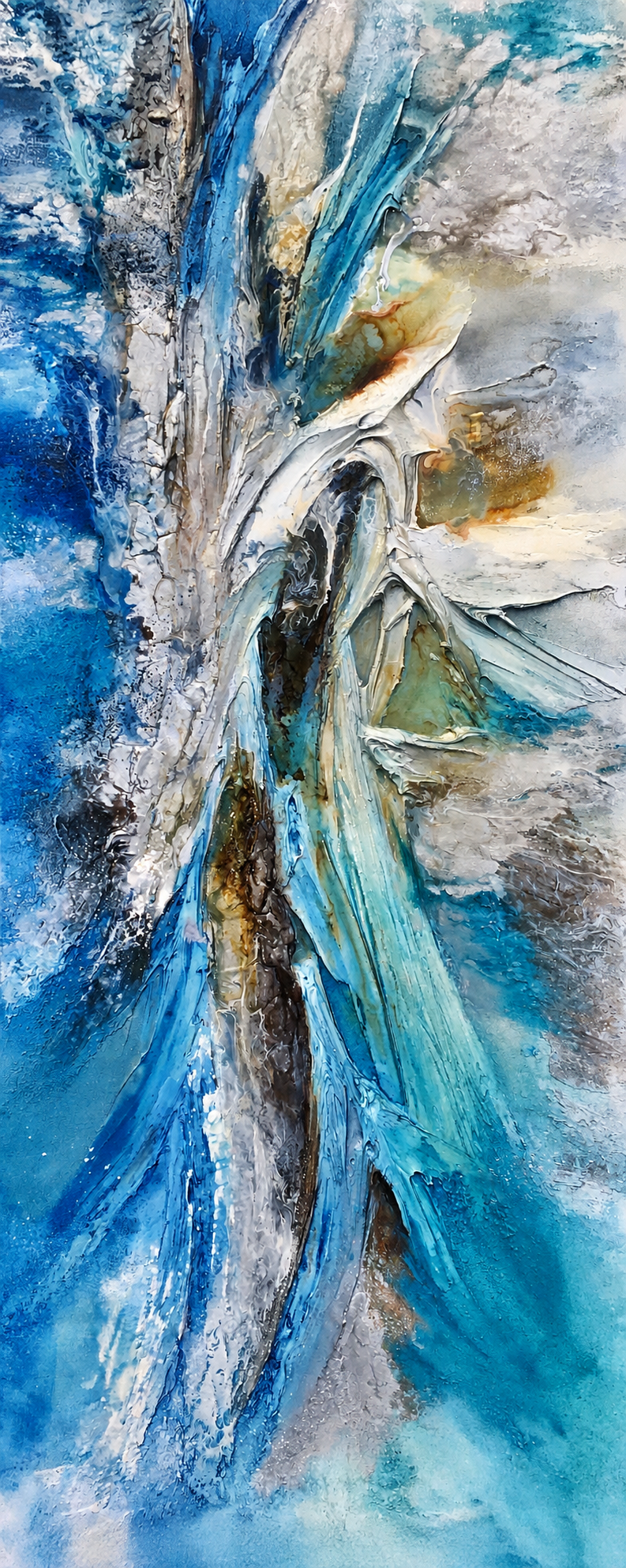 Ewaldi artwork: A narrow vertical flow of blue-white and bronze-toned paint sweeping through layered, glacier-like textures.