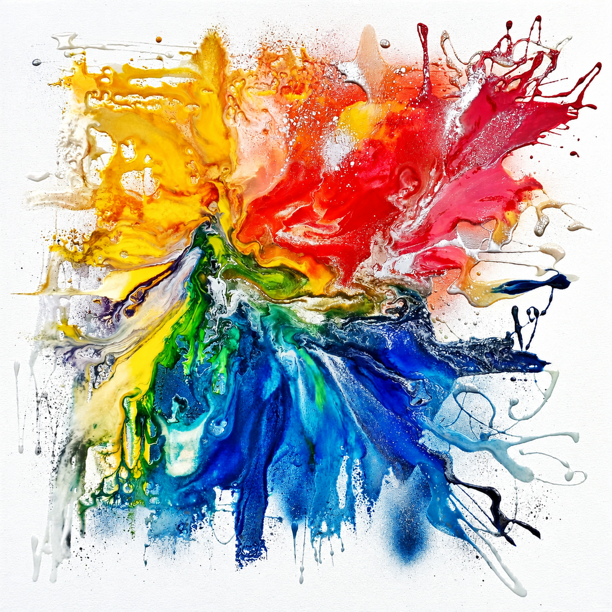 Ewaldi artwork: A multicolour paint explosion spreading outward on white.