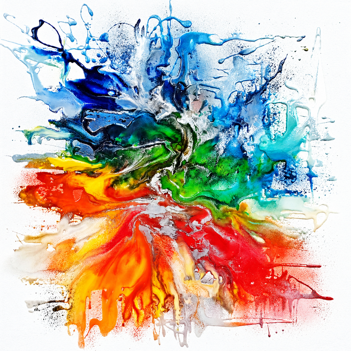 Ewaldi artwork: Two broad horizontal bands of splashed pigment in blues and greens above oranges and reds on a white.
