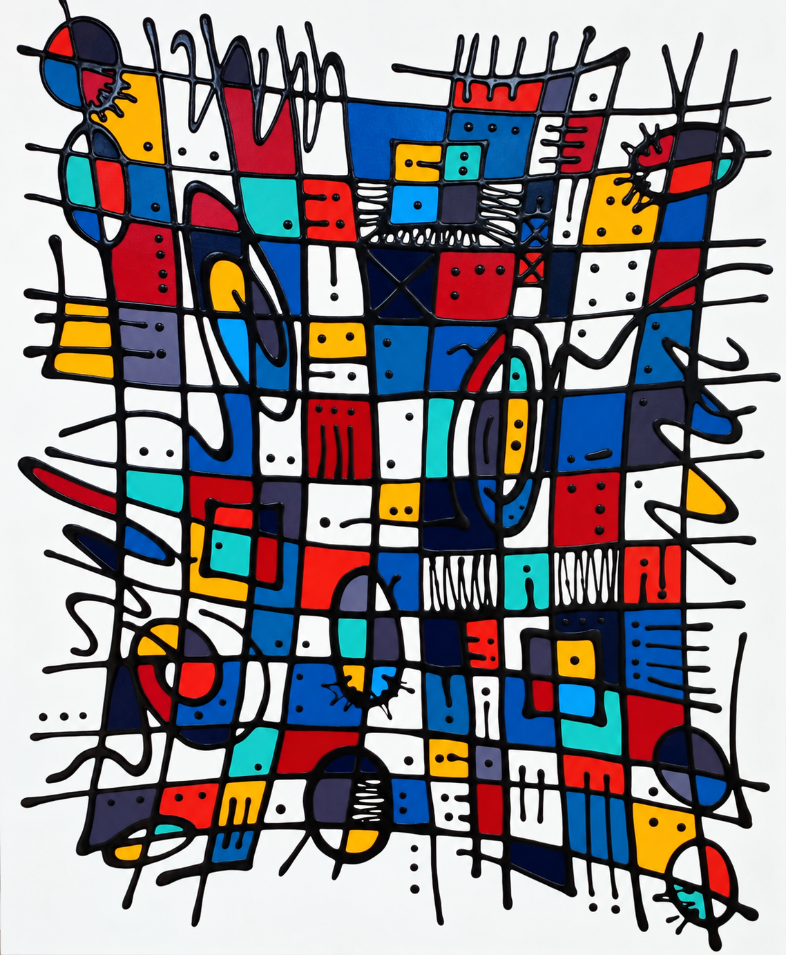 Ewaldi artwork: A tall, tightly packed mosaic of bright rectangles, dots and grids contained within lively black drawn lines.