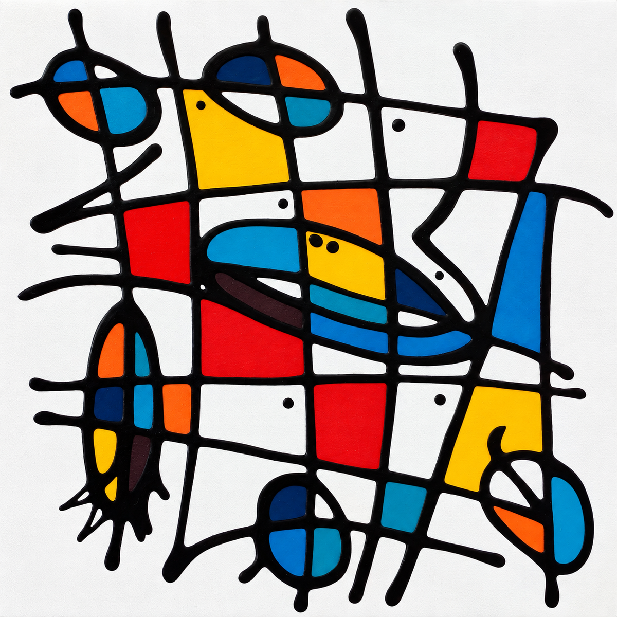 Ewaldi artwork: A loose arrangement of coloured circles, bars and rectangles divided by thick looping black lines on white.