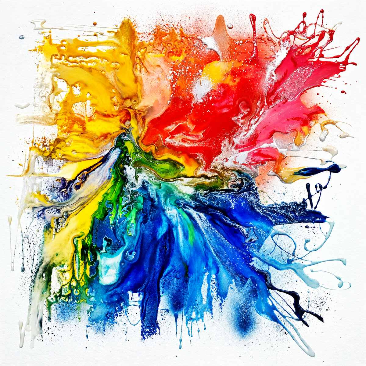 Ewaldi artwork: A vivid, central paint explosion on white, with red-yellow bursts rising above blue-green trailing strokes.