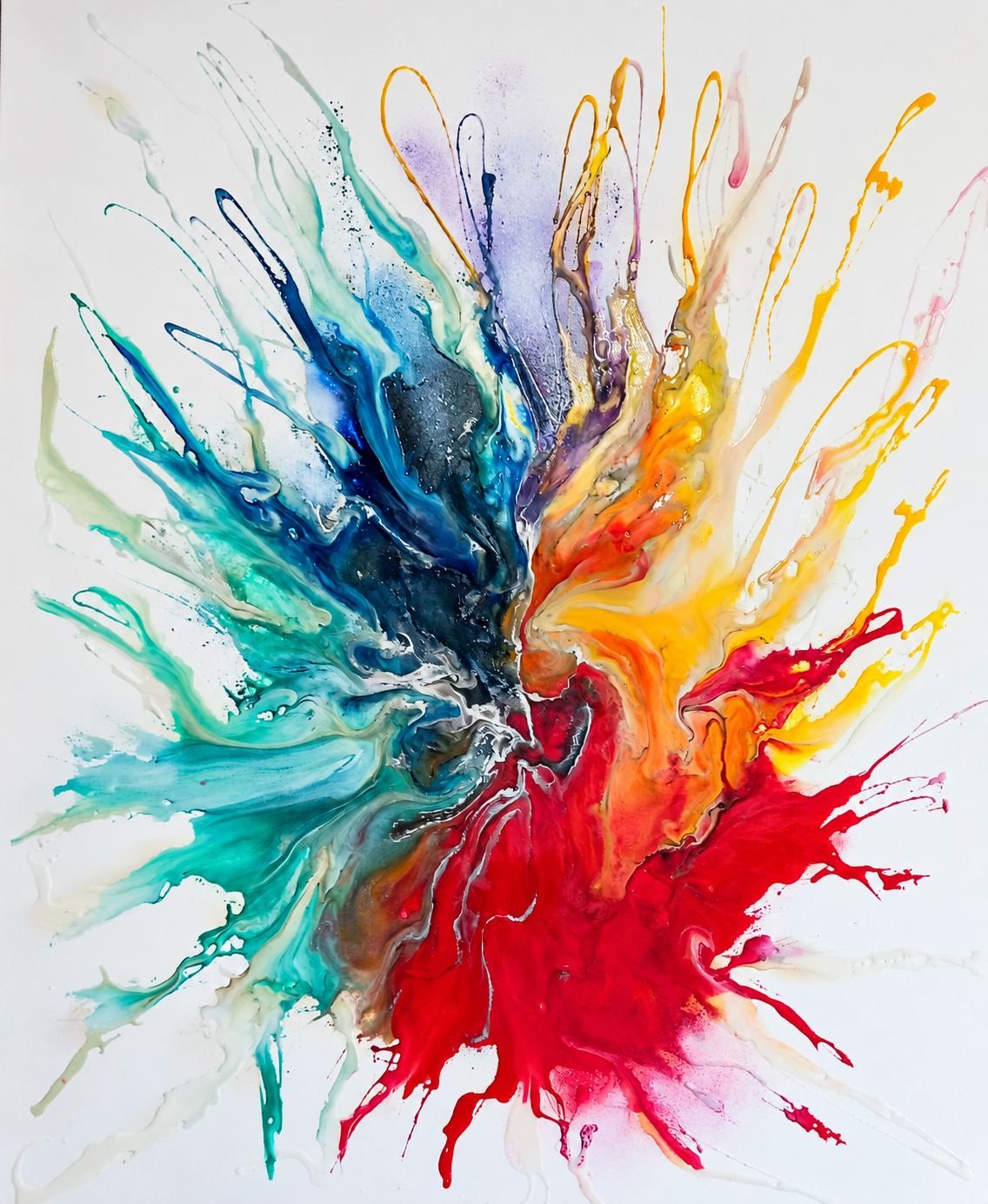 Ewaldi artwork: A tall burst of paint-like colour spreading diagonally outward from a dense centre.