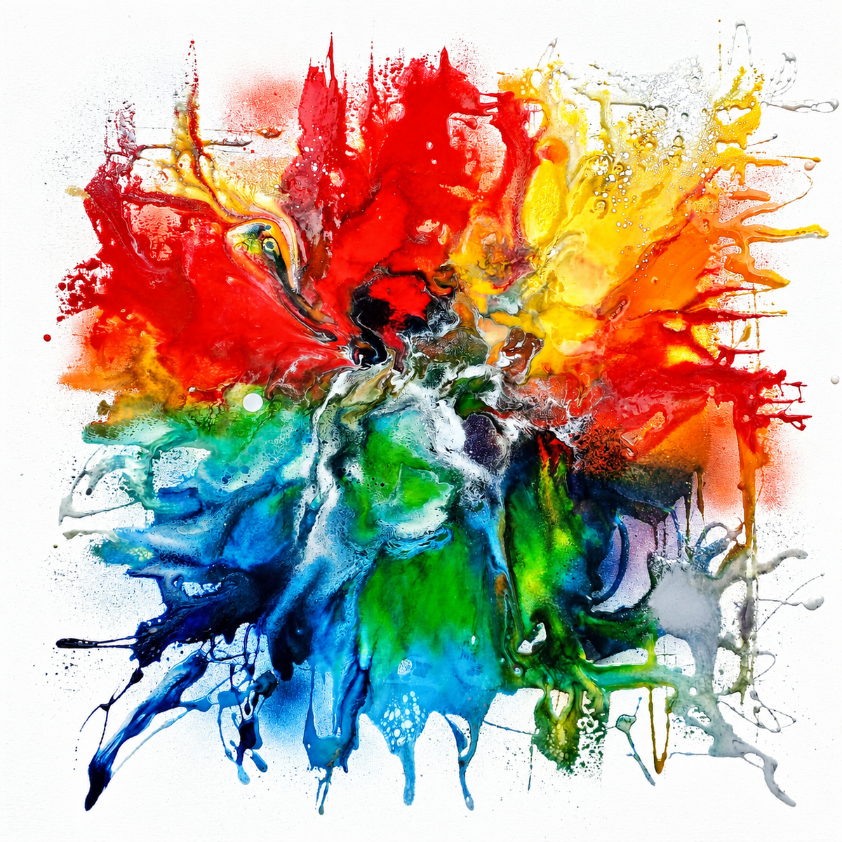 Ewaldi artwork: A broad symmetrical-looking splash with red and gold colour at the top and blue-green drips extending below.
