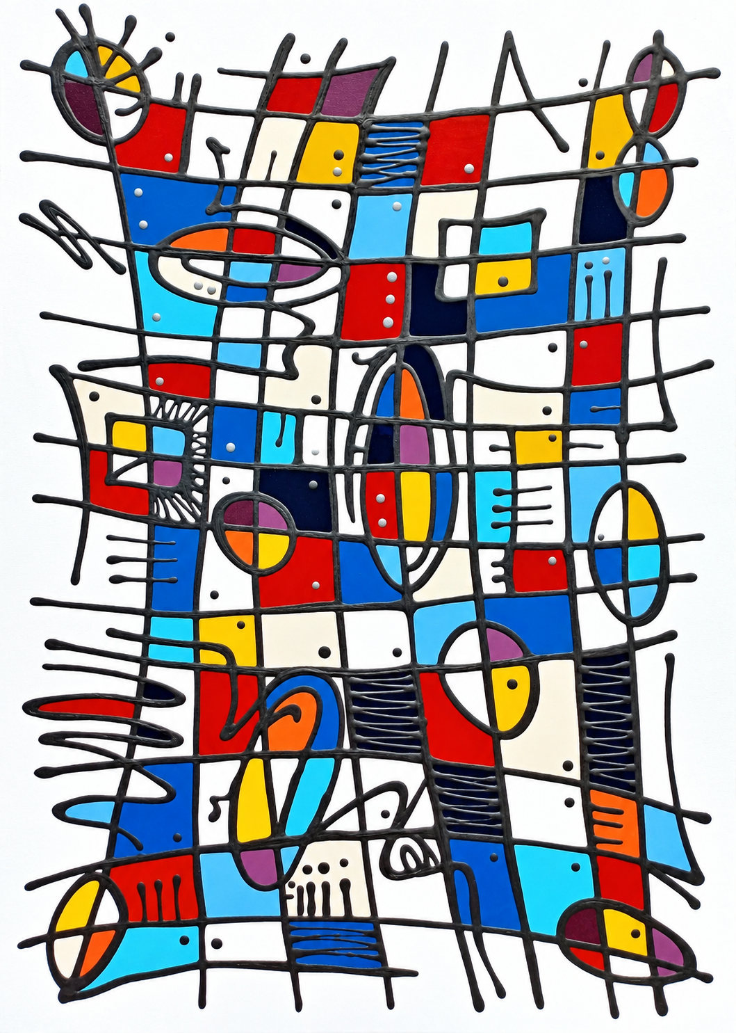 Ewaldi artwork: A tall, densely patterned grid of bright geometric shapes, circles and tiny black linear details.