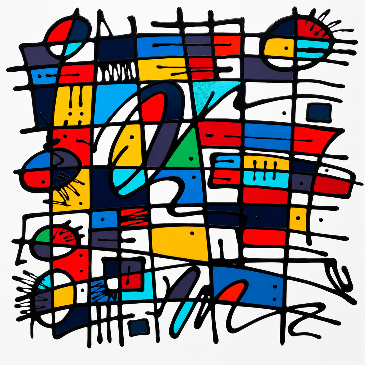 Ewaldi artwork: A compact horizontal-leaning geometric mosaic with large red and blue blocks.