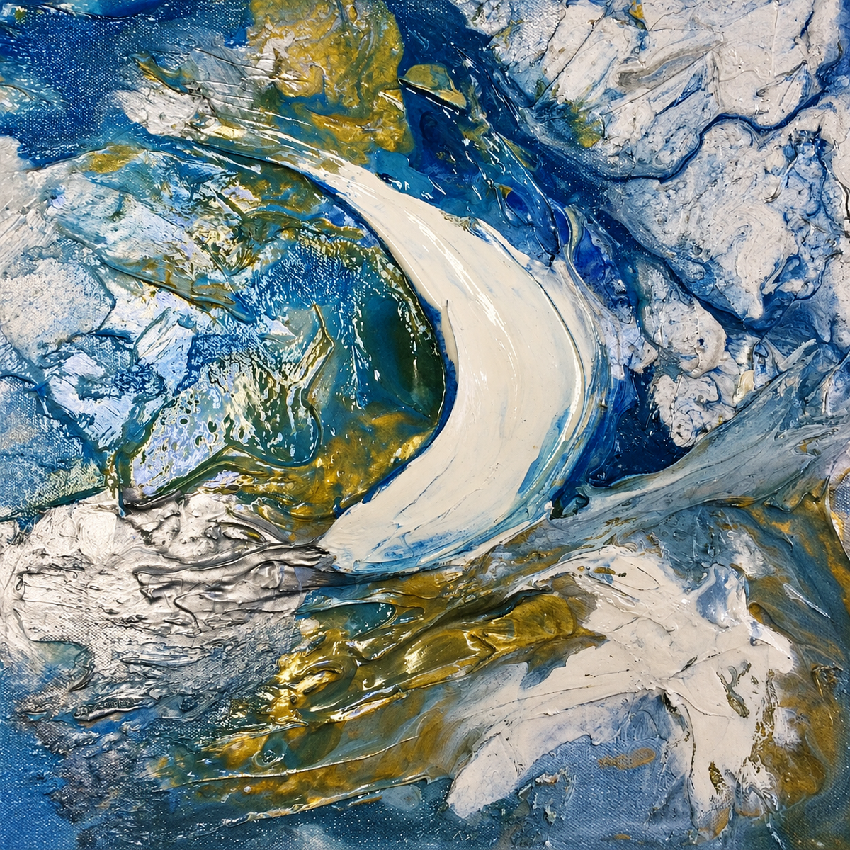 Ewaldi artwork: A sweeping white sail-like crescent curves across an agitated blue, grey and gold abstract field.