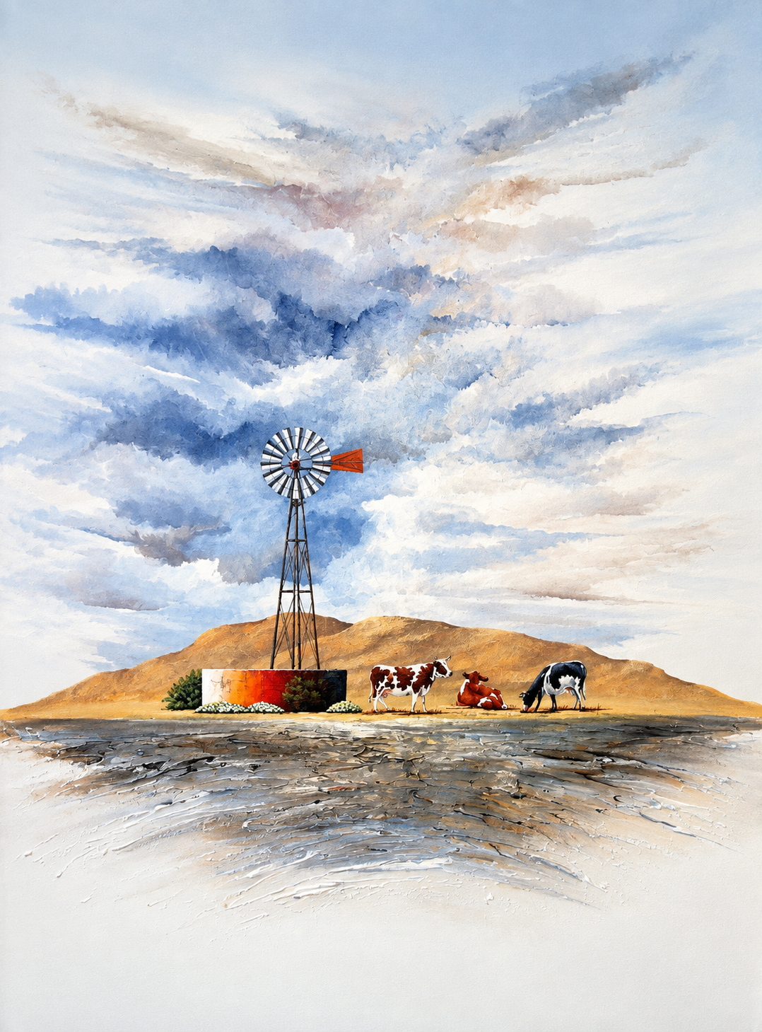 Ewaldi artwork: A slender windpump stands on a small ochre hill among low farm buildings and cattle.
