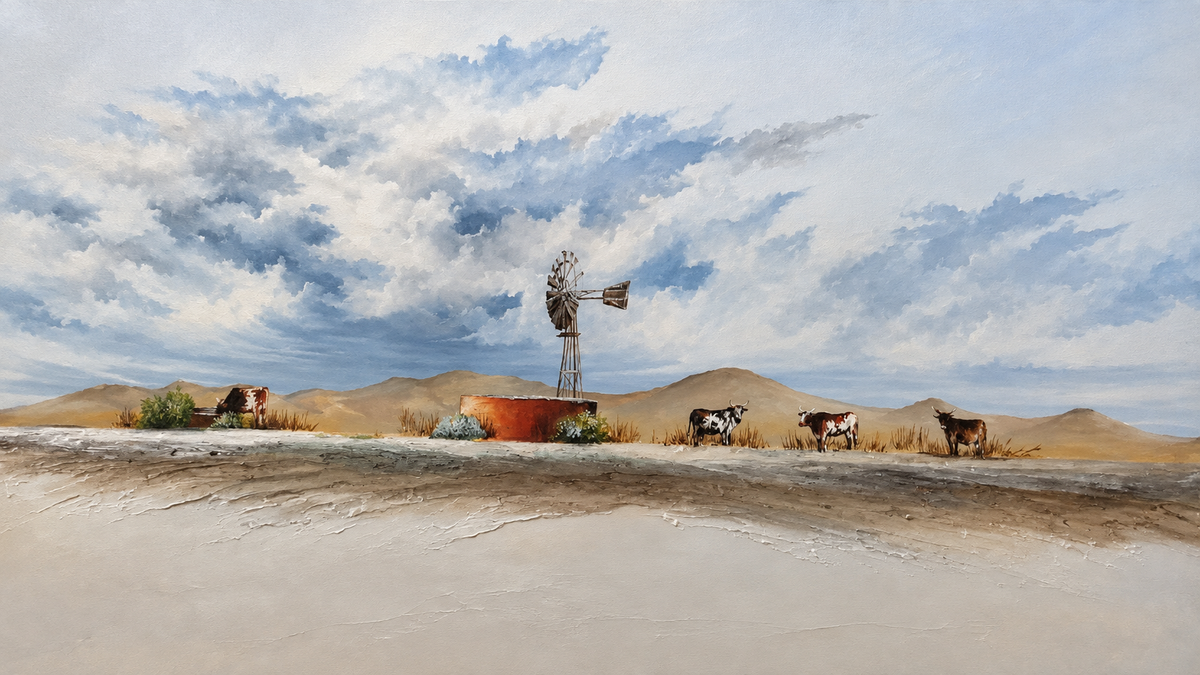 Ewaldi artwork: A slender windpump and several grazing cattle punctuate a spare rural plain beneath a billowing cloud-filled.