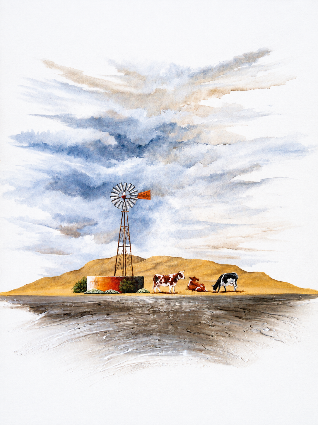 Ewaldi artwork: A windpump rises from a small ochre mound with cattle gathered to its right under high pale blue-grey clouds.