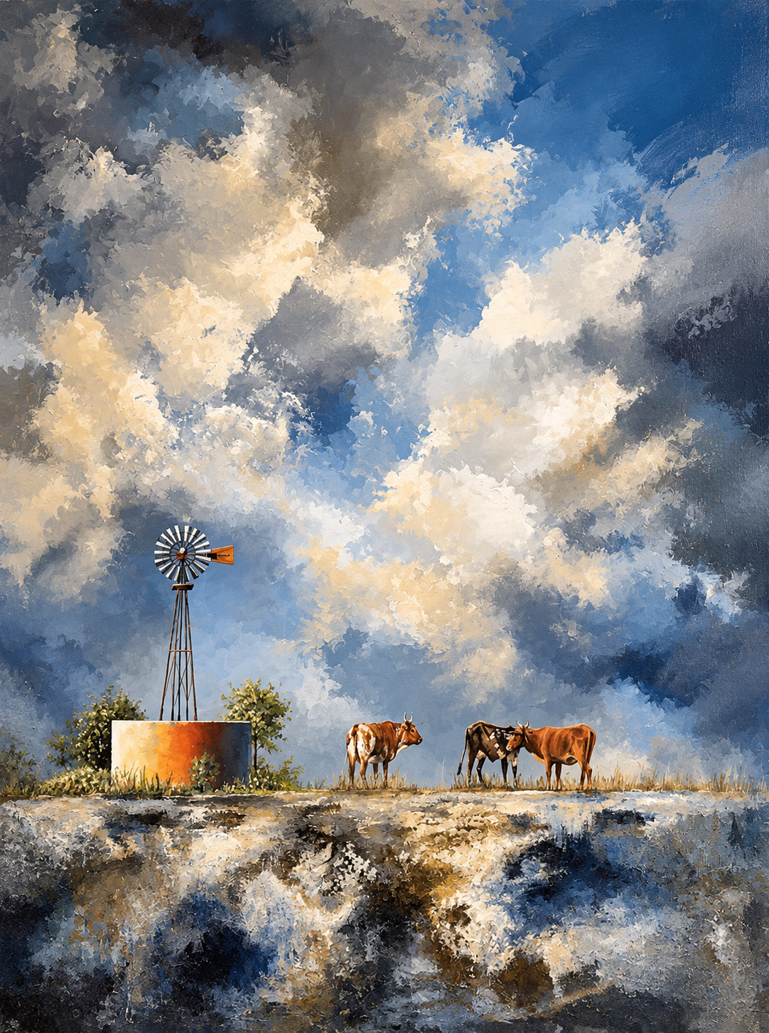 Ewaldi artwork: A small rural windpump and three cattle stand on a sunlit ridge beneath towering white and blue-grey storm.