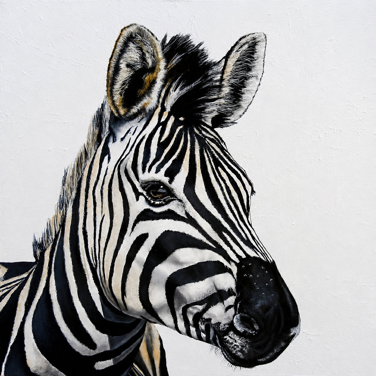 Original oil artwork featuring a close-up zebra portrait against a clean, softly textured neutral background.