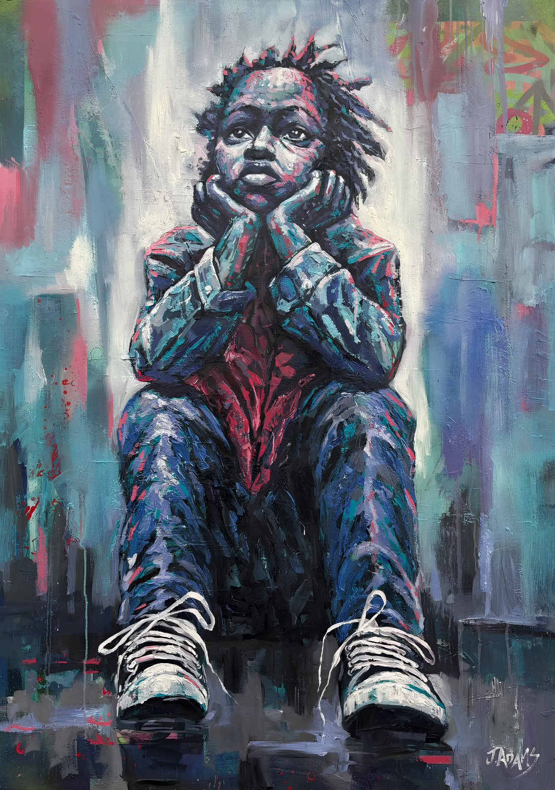 John Adams original oil painting on stretched canvas depicting a contemplative seated African man in expressive blue, teal, pink and black tones