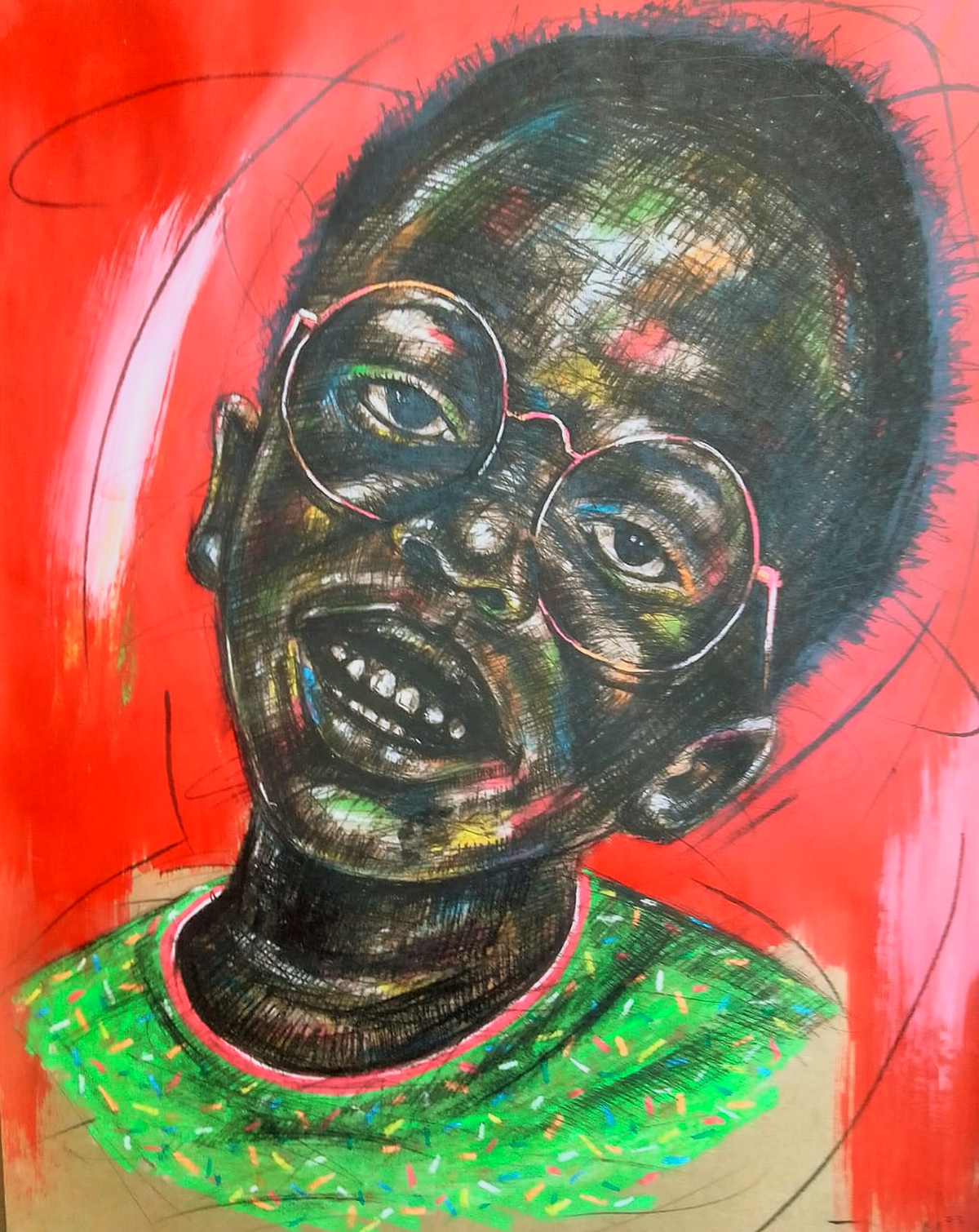 Justice Mathonsi original artwork featuring a colourful young boy wearing round glasses against an expressive red background