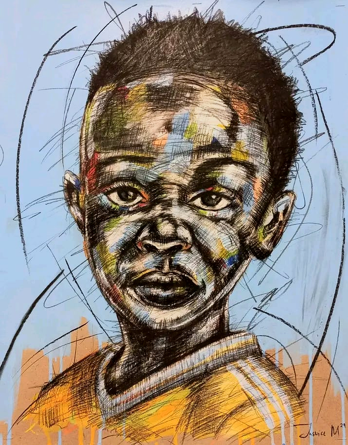 Justice Mathonsi original artwork depicting a young boy in expressive cross-hatched colour against a soft blue background