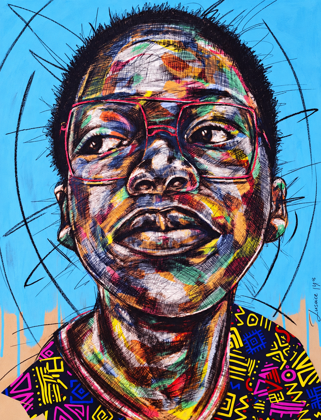 Justice Mathonsi original artwork depicting a young boy wearing oversized glasses and looking upward against blue