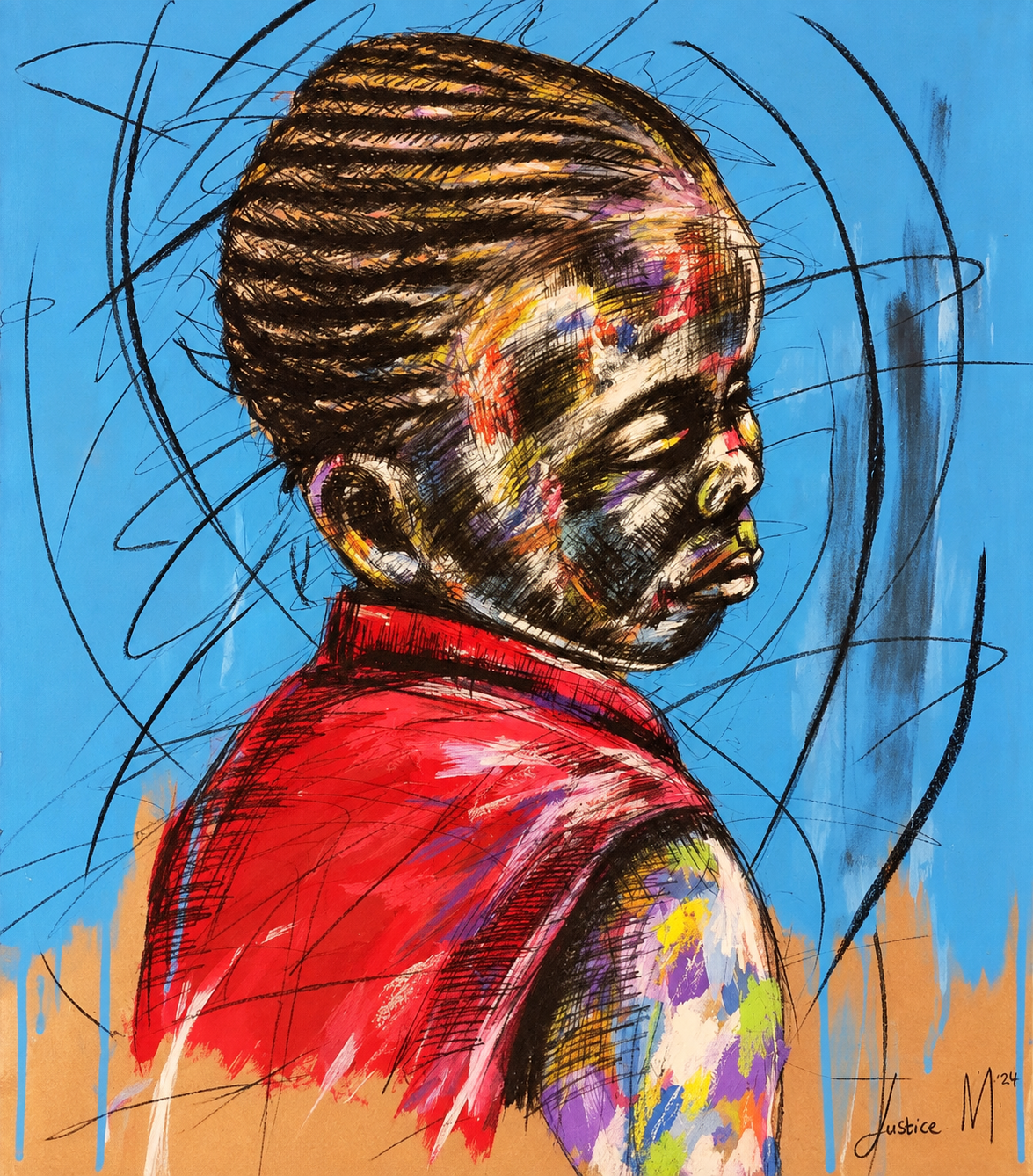 Justice Mathonsi original artwork depicting a braided child in profile wearing a vibrant red top against blue