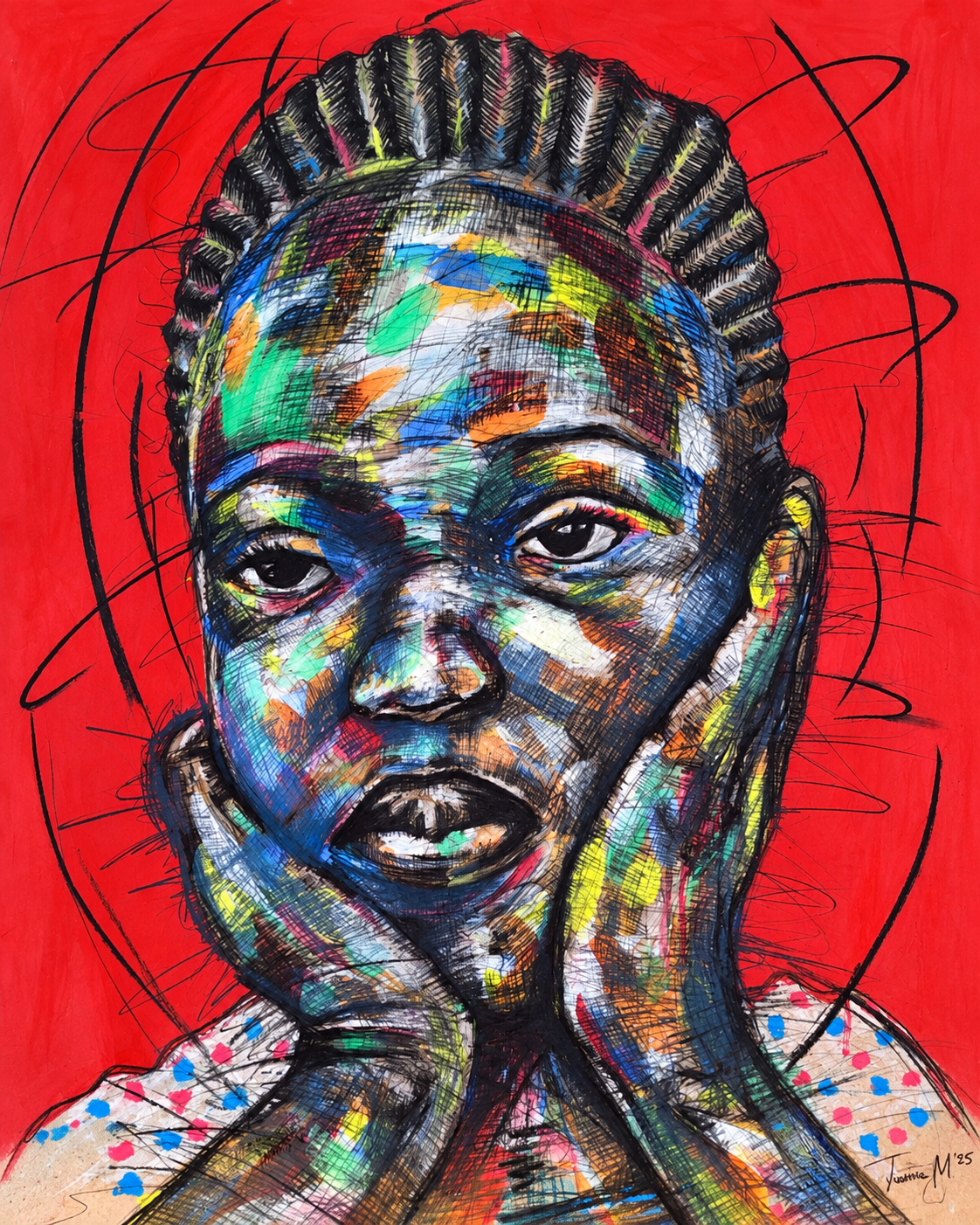 Justice Mathonsi original artwork depicting a braided girl resting her face in her hands against a vivid red background