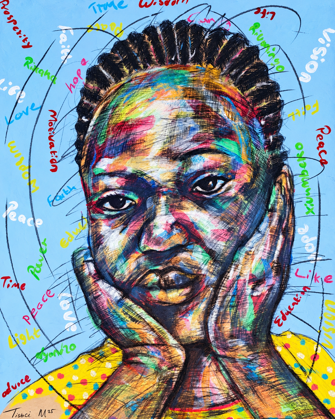 Justice Mathonsi original artwork of a thoughtful braided girl surrounded by colourful handwritten words including hope peace and faith