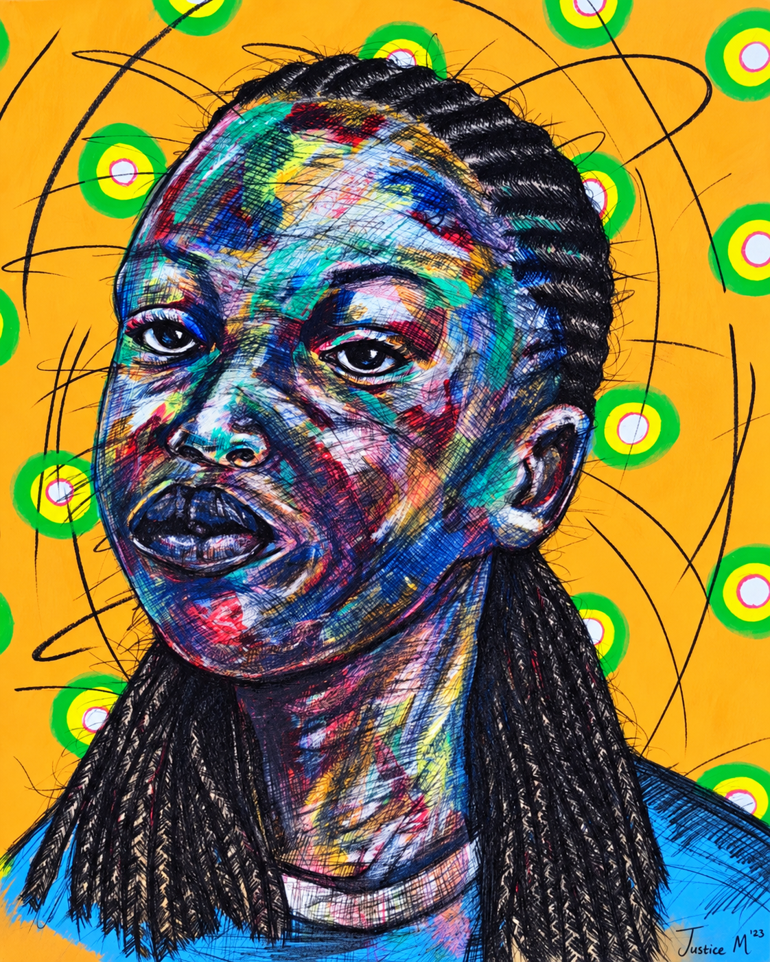 Justice Mathonsi original artwork featuring a colourful braided portrait against a warm orange graphic background